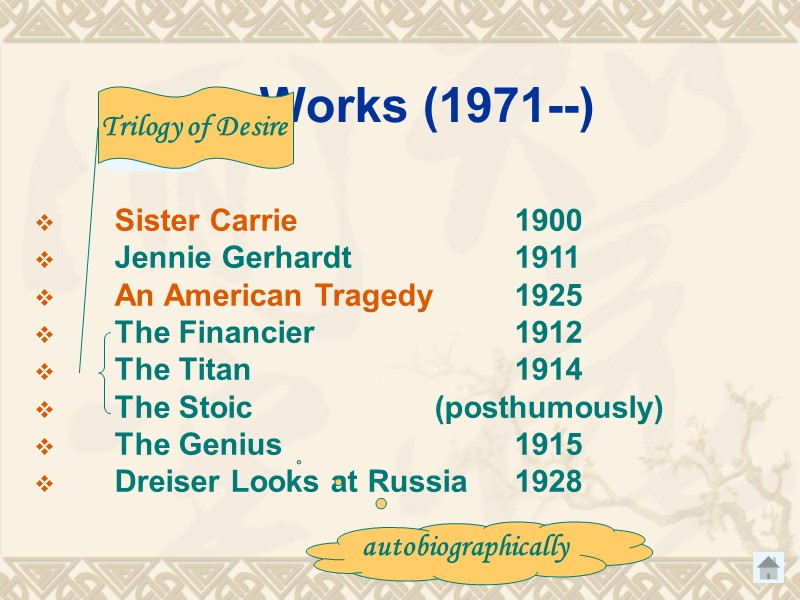 1. Works (1971--)   Sister Carrie   1900  Jennie Gerhardt 